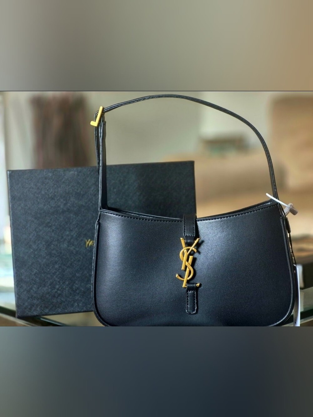 Saint Laurent Black Leather Shoulder Bag with Gold YSL Logo